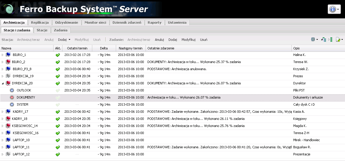 ferro backup system - archiwizacja - zrzut ekranu