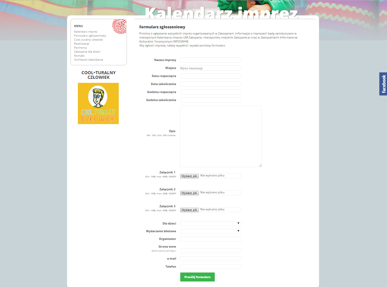 Kalendarz imprez Zakopane - formularz zgoszeniowy